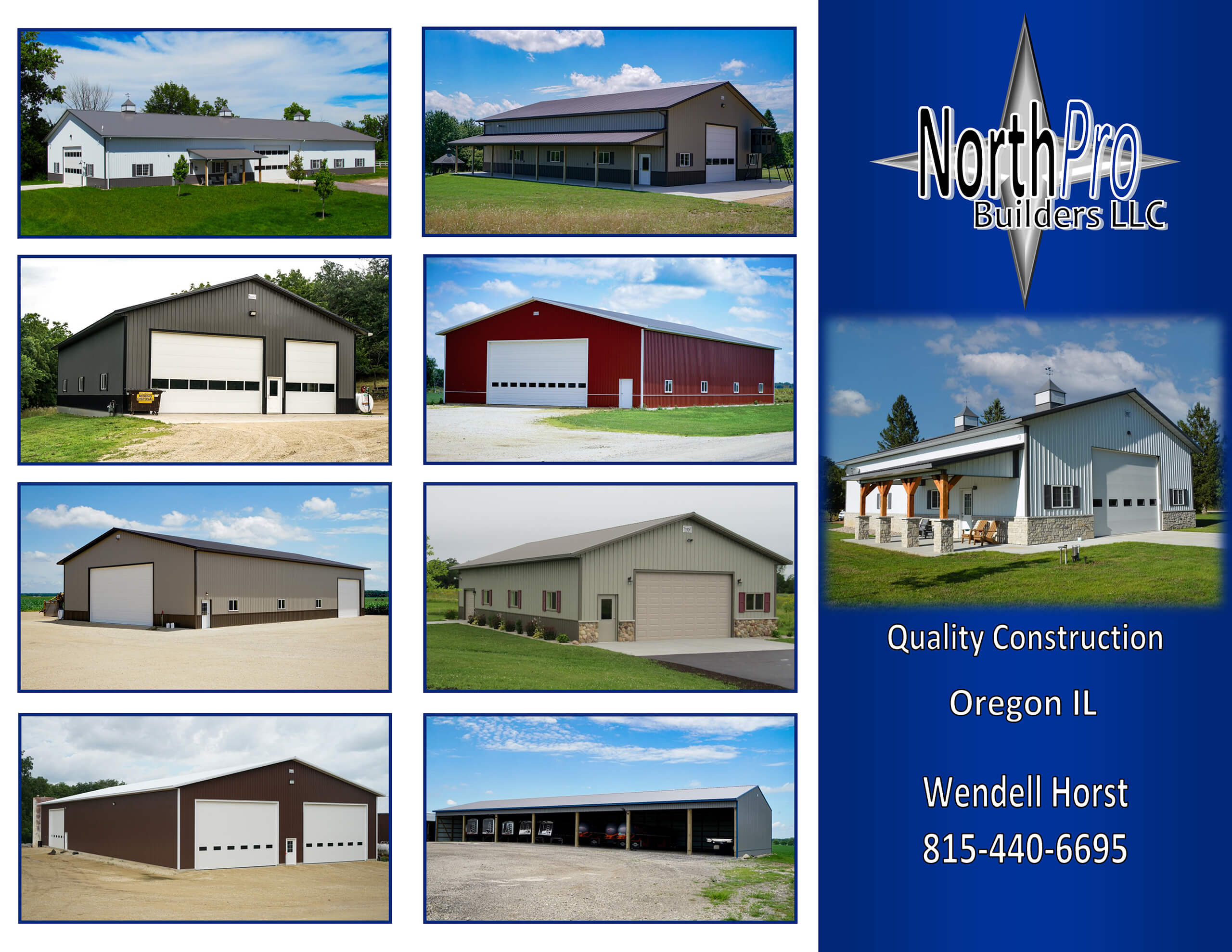 Collage of nine photos showing different large metal buildings, with text for North Pro Builders LLC, contact details, and location in Oregon, IL on a blue background to the right.