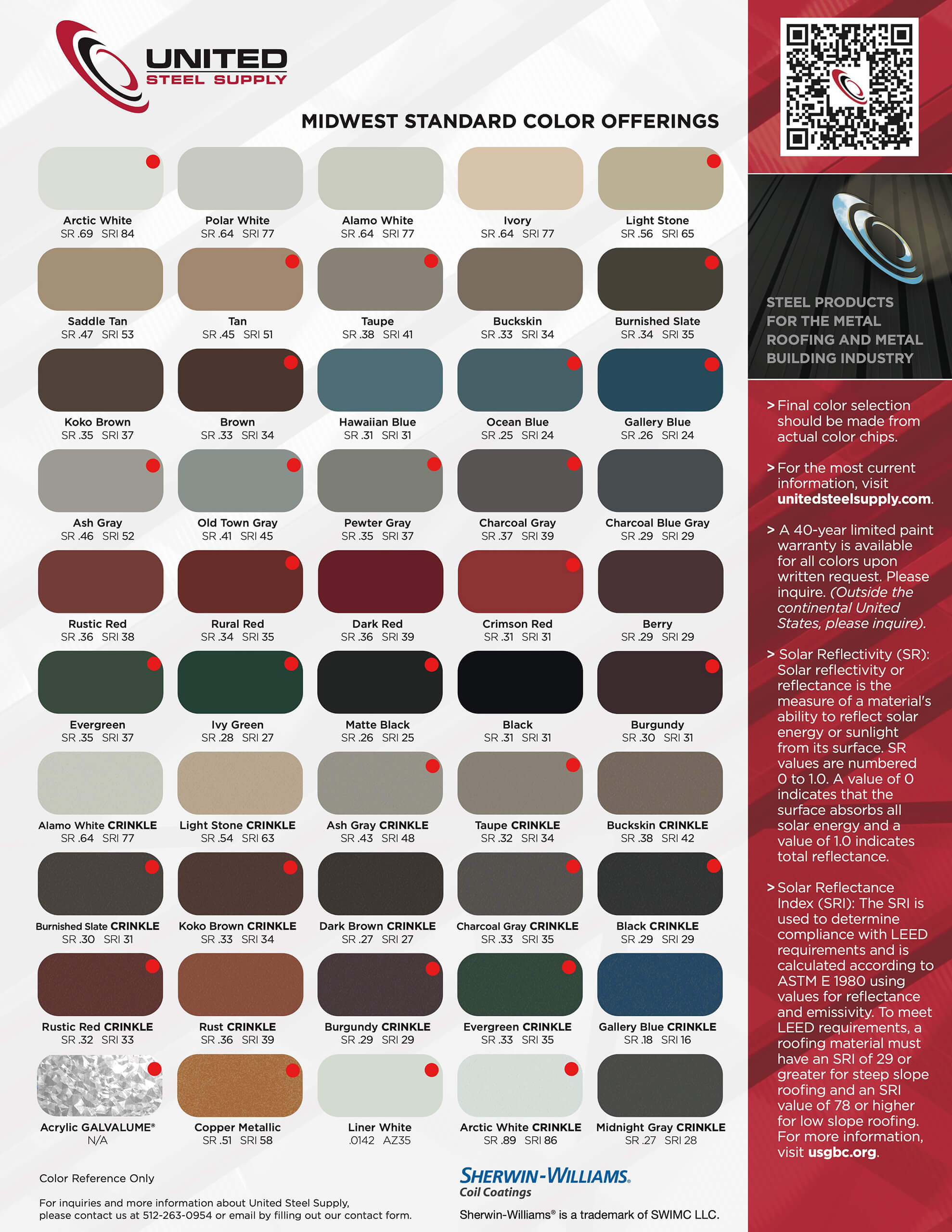 A color chart for United Steel Supply's Midwest offerings displays 40 metal color samples in a grid, each labeled with color names and codes, plus company and product information on the right.